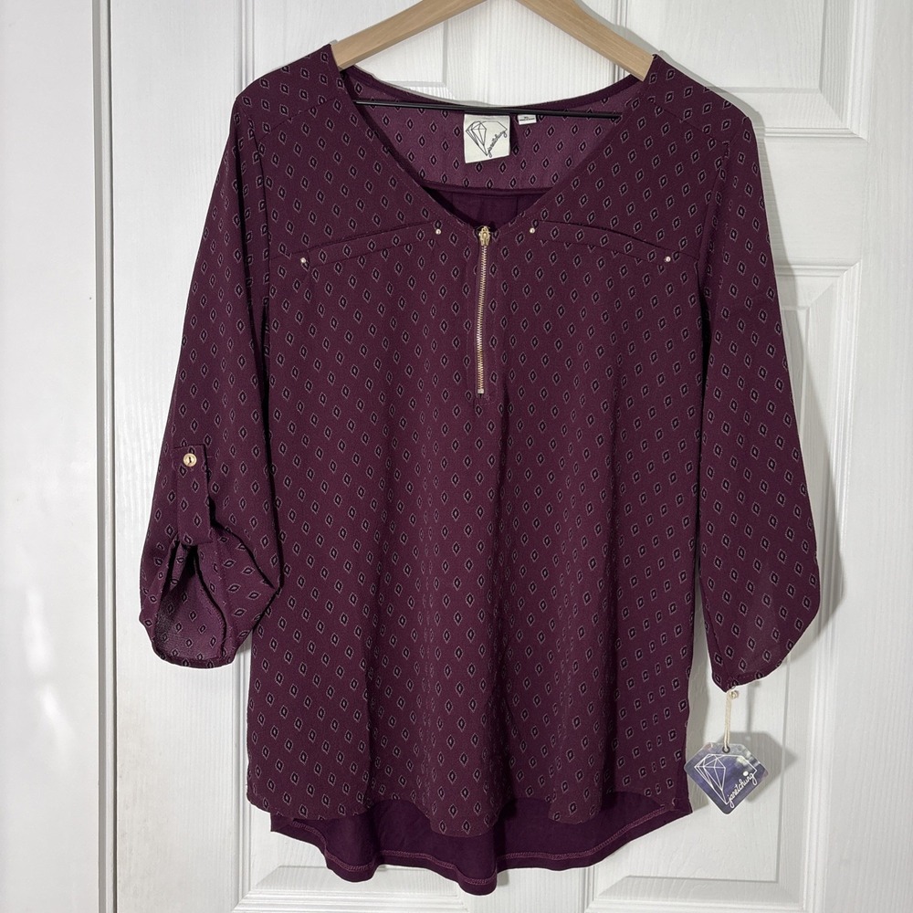 Janet Chung Womens Blouse 3/4 Roll Tab Sleeve Gold Accents Zip Lightweight Sz XL